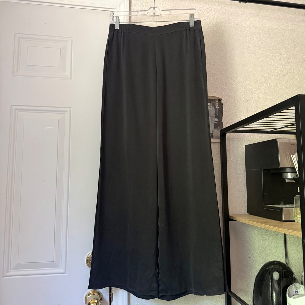 LUNYA black silk wide straight leg side slit pull on pajama cropped pants